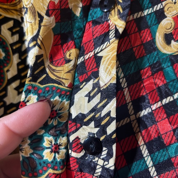 Vintage Castleberry Plaid And Gold Womens V-Neck Blouse Long Sleeve USA Size 12 - Picture 4 of 12